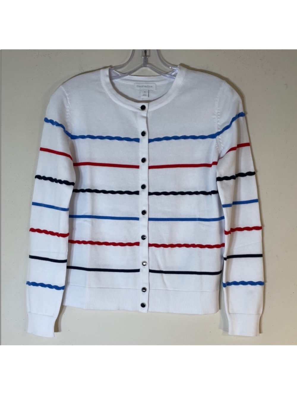 Charter Club White Cardigan with 3D Knitted Blue, Red, and Navy Stripes. SP. NWT